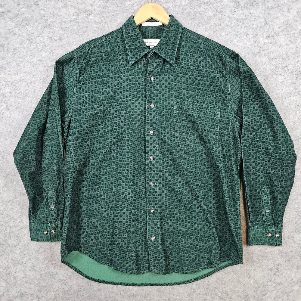 JJ Farmer Men's‎ Green Geometric Size M Micro- Corduroy Shirt 100% Cotton Thick